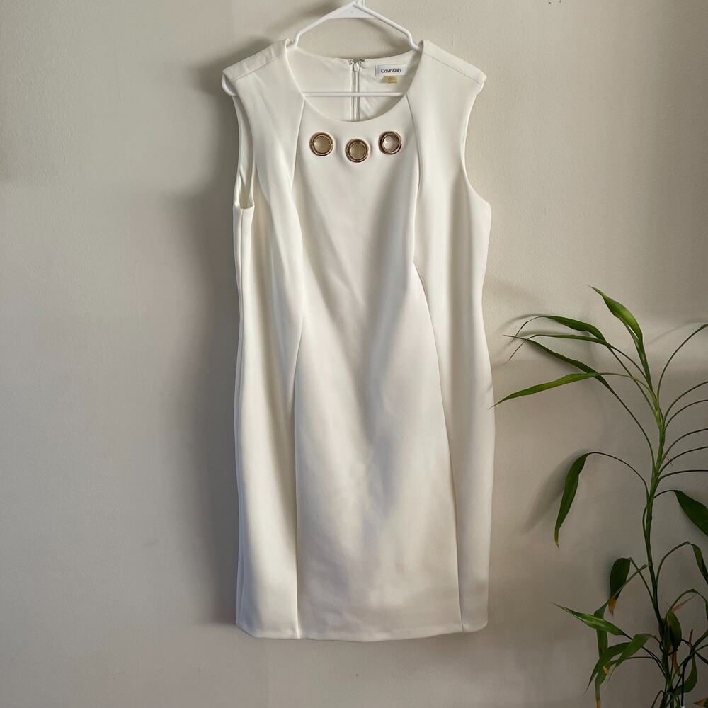 Calvin Klein Gold Grommet Sheath Dress Women 14W White Crepe Sleeveless Workwear